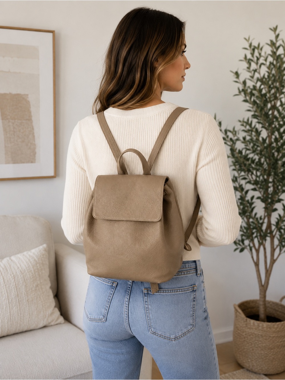 LUCRIN Geneva Genuine Leather Backpack Taupe Beige
